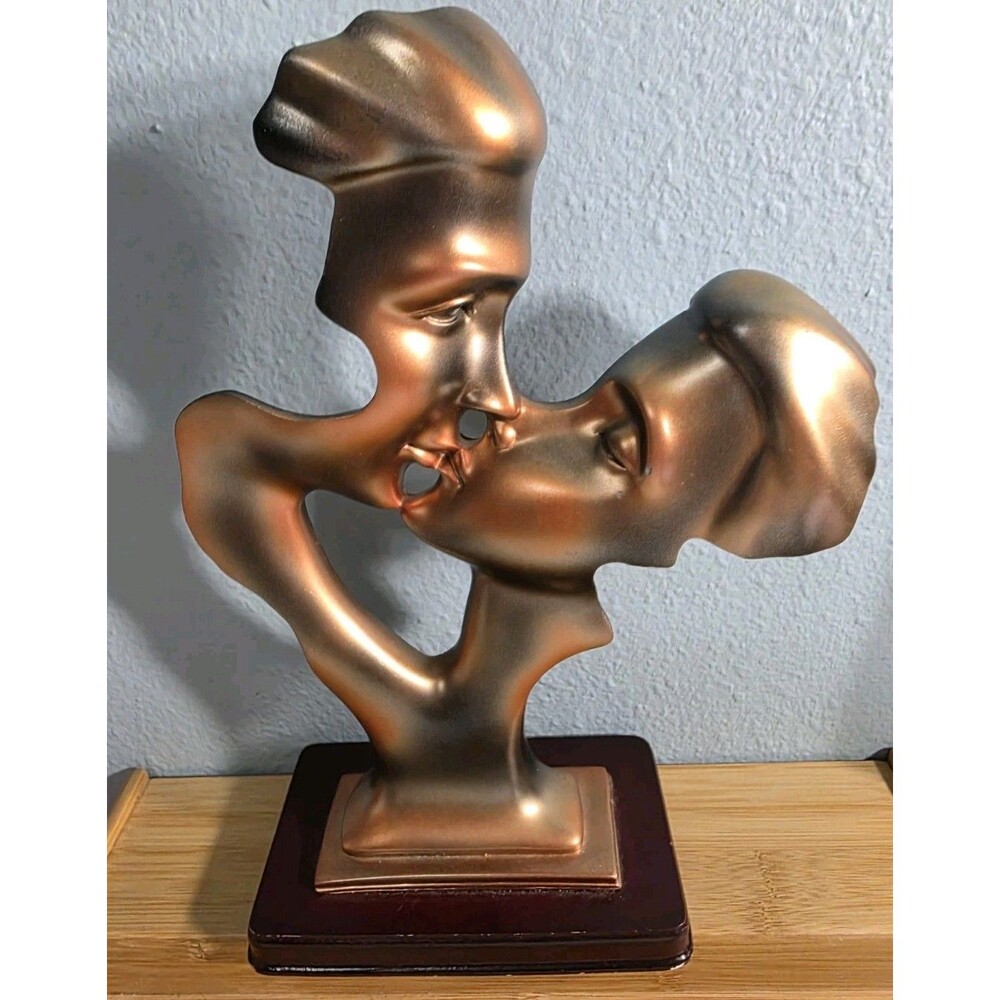 Kissing Couple Art Deco Style Love Sculpture Bronze Color Metal Wood Base 10"